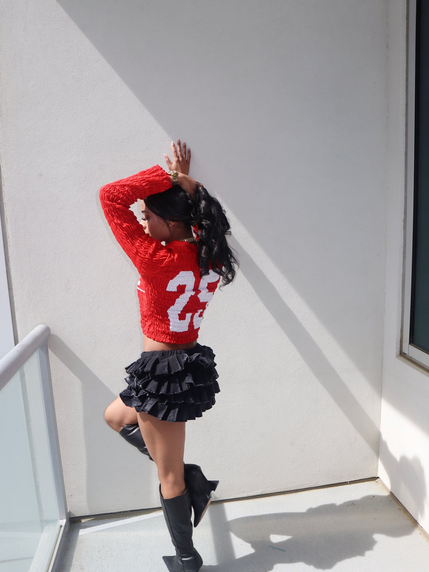 Red Shirred Jersey Top